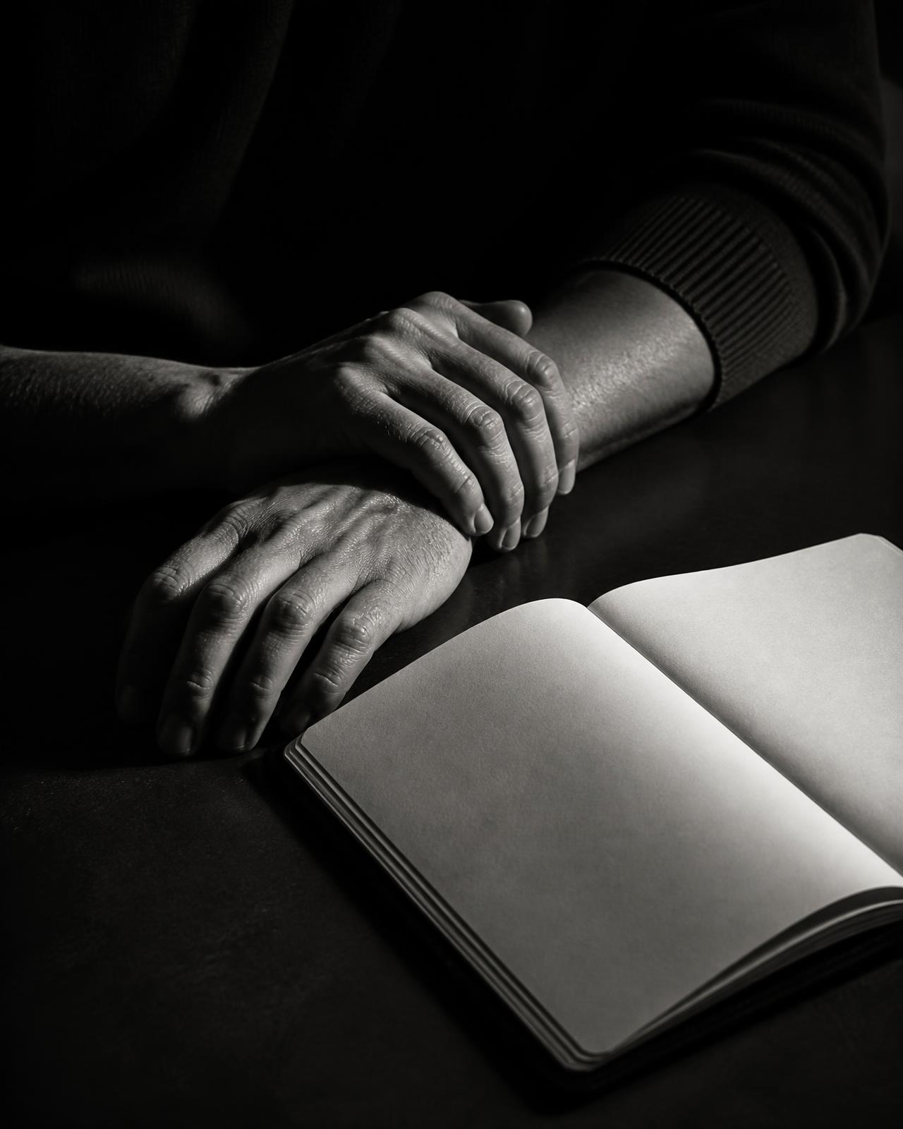 Mãos escrevendo em um caderno sobre uma mesa escura, sob luz lateral intensa